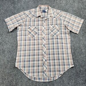 VTG Wrangler Western Shirt Mens XL Gray Blue Plaid Pearl Snap Cowboy 80s USA